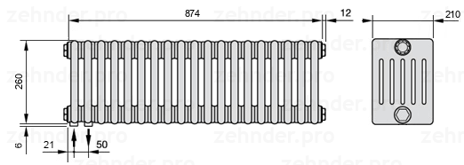 Схема (чертеж) Радиатор Zehnder Charleston 6026/19 №3370 Белый глянцевый RAL 9016